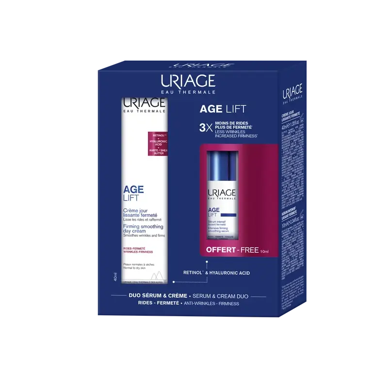 Uriage Age Lift Straffende Anti-Aging Tagescreme, 40 ml + Intensives Anti-Falten-Serum 10 ml + Geschenk
