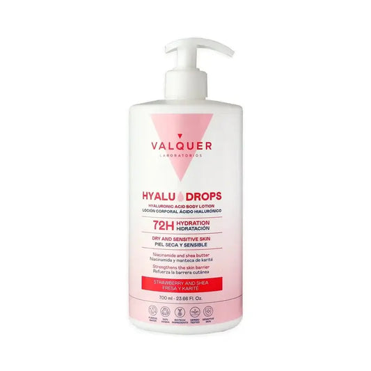 Valquer Hyaludrops Körperlotion mit Erdbeere und Sheabutter – 72 Stunden Feuchtigkeitsversorgung, 700 ml