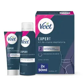 Veet Expert Haarentfernungsset Intimbereich, Enthaarungscreme 50 ml Frau und Schaum 50 ml