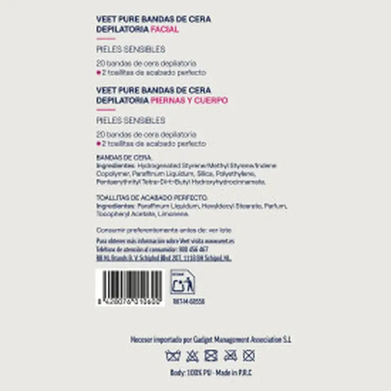 VEET Pure Toilet Bag Enthaarungswachsstreifen (20 für Gesicht + 20 für Körper)