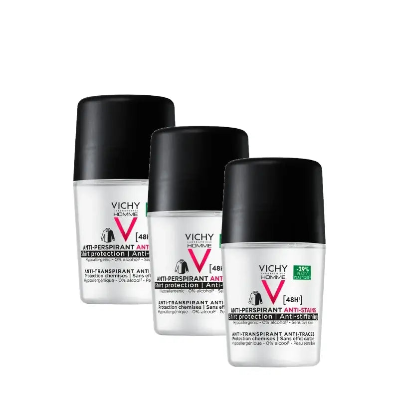 Vichy Homme 48-Stunden-Deodorant mit Antitranspirant- und Anti-Flecken-Wirkung, Roll-on, 50 ml, 3er-Pack