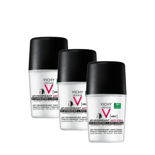 Vichy Homme 48-Stunden-Deodorant mit Antitranspirant- und Anti-Flecken-Wirkung, Roll-on, 50 ml, 3er-Pack