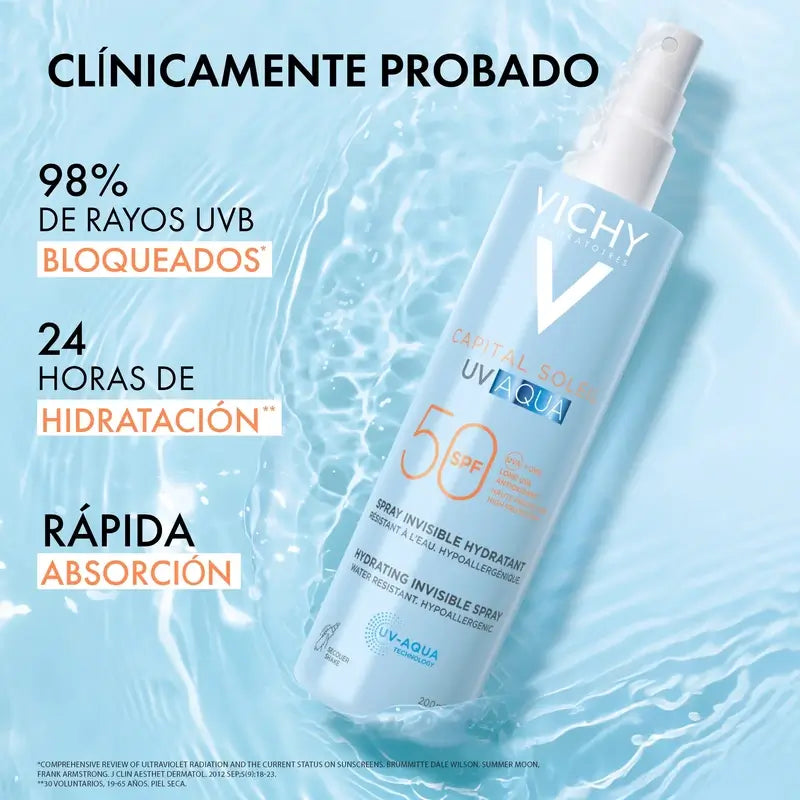 Vichy Solar Uv Aqua Spray Unsichtbares Feuchtigkeits-Spray Spf50, 200 ml