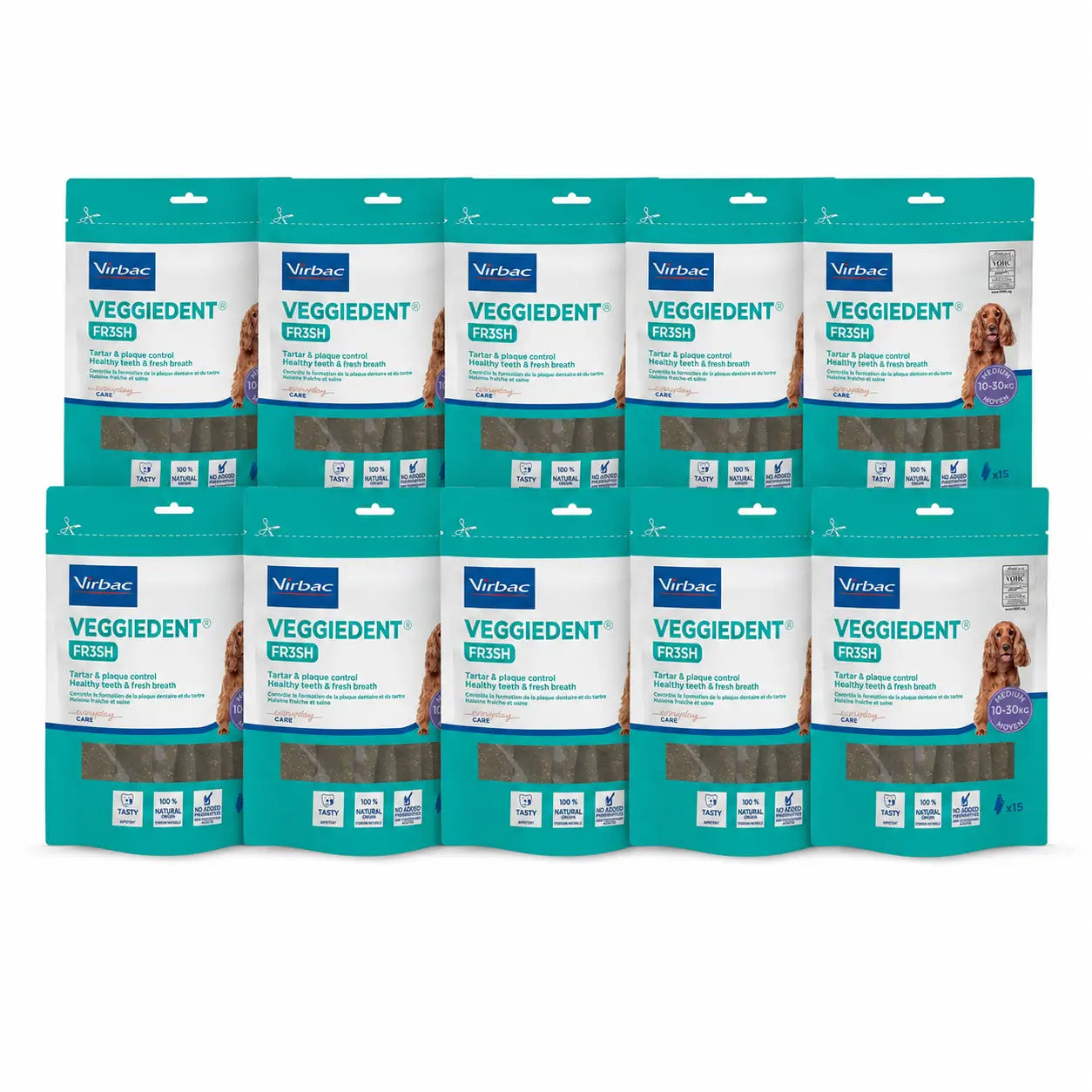 Virbac Veggiedent Fr3sh M, Zahnpflege-Snacks für Hunde mittlerer Rassen, 10er-Pack