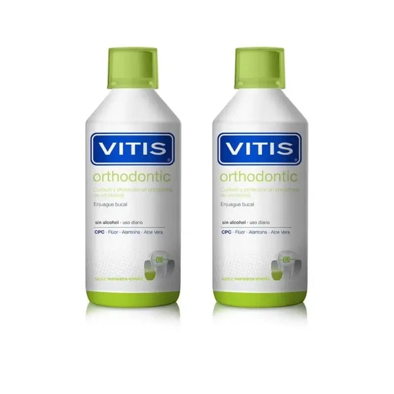 Vitis Kieferorthopädische Mundspülung mit Apfel-Minz-Geschmack, 2X500 Ml