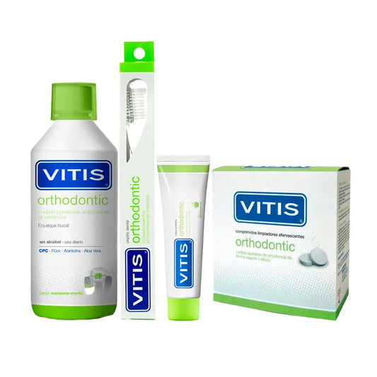 VITIS Pack Kieferorthopädie/ Orthodontie (Mundwasser 1000ml+ Zahnpasta 100ml+ 32 Tabletten + Kieferorthopädische Zahnbürste)