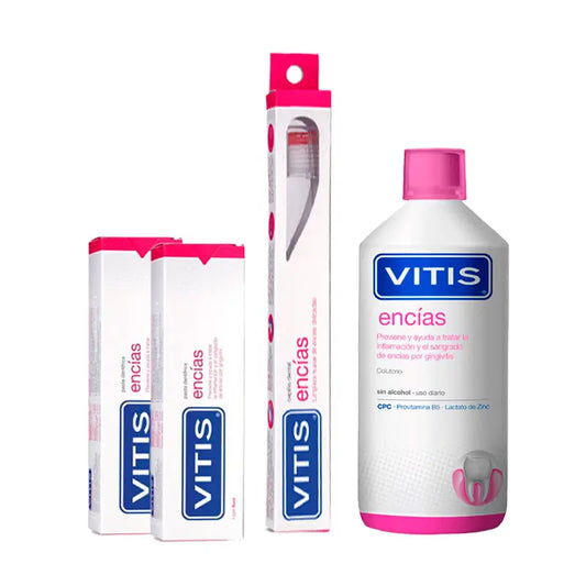 VITIS Protect your Gums Pack (Mundspülung 1000ml+ Zahnpasta Zahnfleisch 2x100ml+Zahnbürste Sensitive Gums)