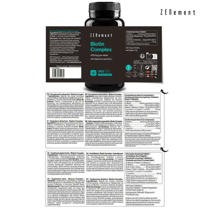 Zenement Biotin-Komplex mit Selen und Zink, 365 vegane Tabletten