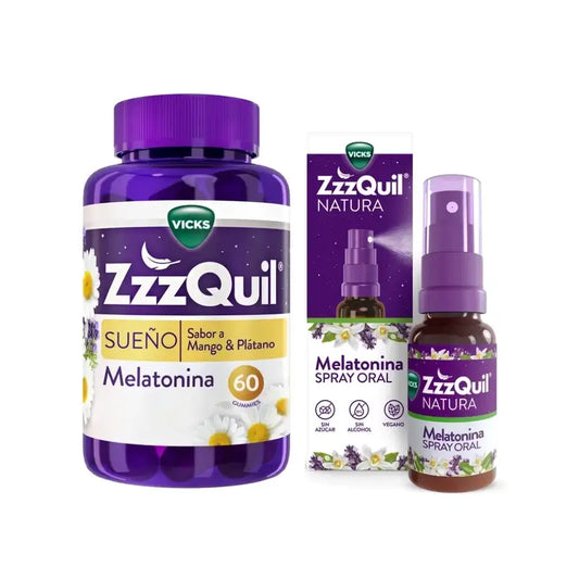 ZzzQuil Natura Melatonin Gummis Packung Mango & Banane 60 Gummis + Spray 30ml